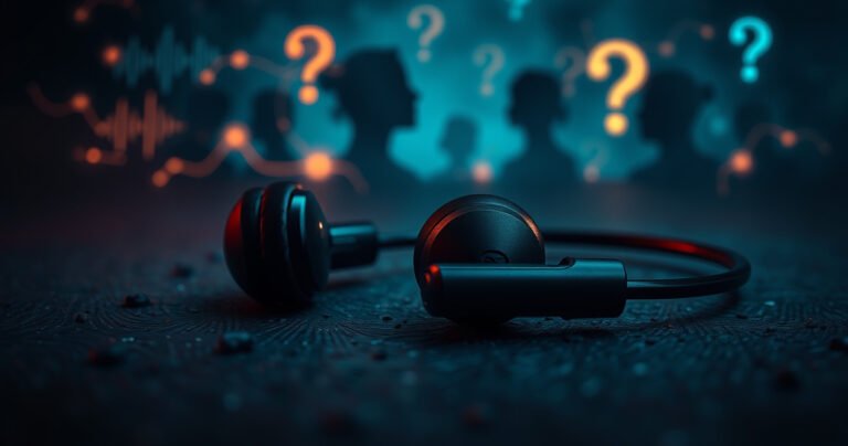 A close-up of a pair of sleek, modern earphones resting on a dark, textured surface, intertwined with glowing, abstract representations of sound waves and molecular structures, casting a mysterious aura. In the background, faint outlines of human silhouettes with thoughtful expressions, surrounded by swirling question marks, create a sense of curiosity and contemplation.