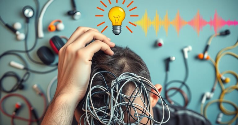 A close-up of a person holding their head in discomfort, surrounded by tangled earphones, with a backdrop of various earphone types, vibrant colors representing sound waves, and a subtle lightbulb above symbolizing solutions, evoking a blend of frustration and enlightenment in a modern, tech-savvy setting.