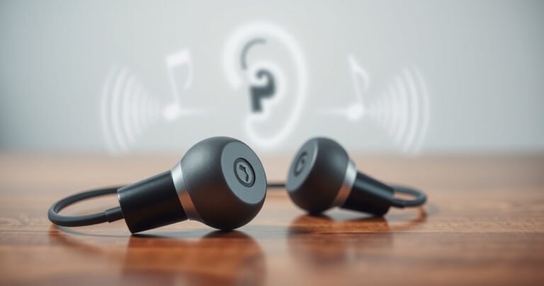 A close-up of a pair of sleek, modern earphones resting on a wooden table, surrounded by sound waves visually emanating from them, symbolizing both enjoyment and potential danger. In the background, faint outlines of a human ear and musical notes blend into a soft gradient, suggesting the connection between music, sound, and hearing health.