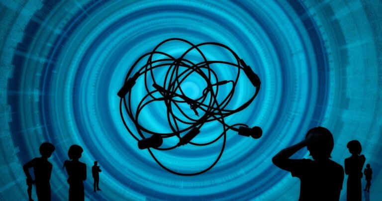 An abstract composition featuring a pair of tangled earphones intertwined with swirling sound waves, set against a backdrop of a dizzying spiral pattern in shades of blue and green. Silhouettes of a person holding their head in discomfort and faint, ghostly outlines of sound frequencies ripple through the air, evoking feelings of confusion and vertigo.