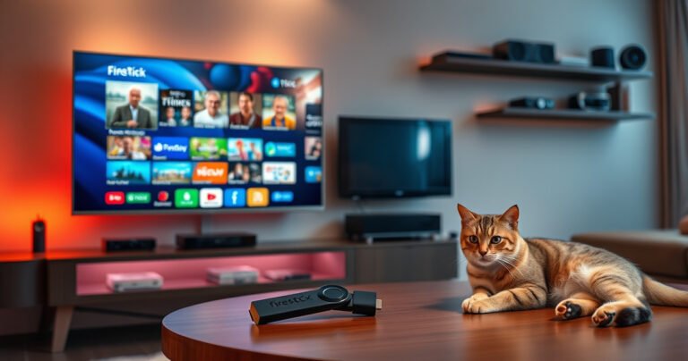 A modern living room featuring a sleek TV displaying vibrant streaming content, with a Firestick remote prominently placed on a stylish coffee table. Warm ambient lighting enhances the cozy atmosphere, while wall-mounted shelves showcase tech gadgets. A curious cat lounges nearby, adding a touch of homey charm to the tech-savvy setting.