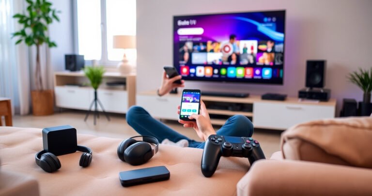 A modern living room featuring a sleek flat-screen TV, with various Bluetooth gadgets like headphones, speakers, and a game controller scattered around. A tech-savvy person is connecting their phone to the TV, surrounded by vibrant smart home devices, while a cozy couch and warm lighting create an inviting atmosphere for entertainment.