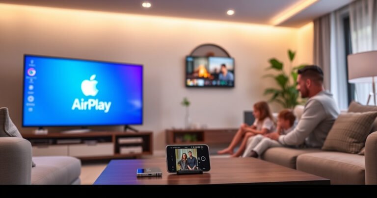 A modern living room featuring a sleek Vizio TV displaying the AirPlay logo, surrounded by cozy furniture. A smartphone rests on a coffee table, showing the AirPlay interface. Soft, ambient lighting creates a warm atmosphere, while a family enjoys streaming content together, showcasing a blend of technology and home comfort.