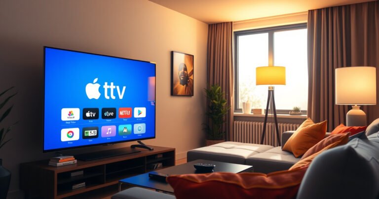 A modern living room featuring a sleek flat-screen TV displaying the Apple TV interface. A cozy couch adorned with vibrant cushions, a coffee table with a remote, and an ambient lamp casting a warm glow. In the background, a window reveals a sunny day, symbolizing relaxed tech-savvy living.
