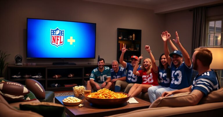 A cozy living room with a large flat-screen TV displaying the NFL Plus logo. A comfortable couch adorned with football-themed pillows, snacks like popcorn and nachos on a coffee table, and a group of excited friends cheering while wearing jerseys. Soft lighting creates an inviting atmosphere, emphasizing the thrill of game day at home.