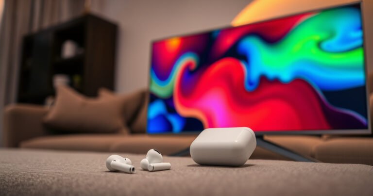 A sleek, modern Samsung TV displaying vibrant colors, with a pair of white Apple AirPods elegantly resting beside it. The background is a cozy living room with soft lighting and a plush couch, conveying a sense of comfort and technology blending seamlessly. A subtle glow emanates from the TV screen, inviting curiosity about connectivity.