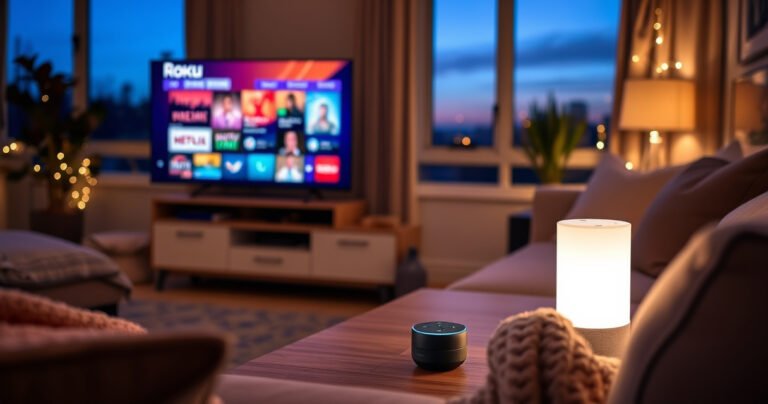 A cozy living room scene at dusk, featuring a sleek Roku TV displaying vibrant streaming content, an Amazon Alexa device glowing softly on a stylish coffee table, surrounded by plush cushions and a warm blanket. The ambiance is inviting, with a hint of technology blending seamlessly with comfort, illuminated by gentle fairy lights.