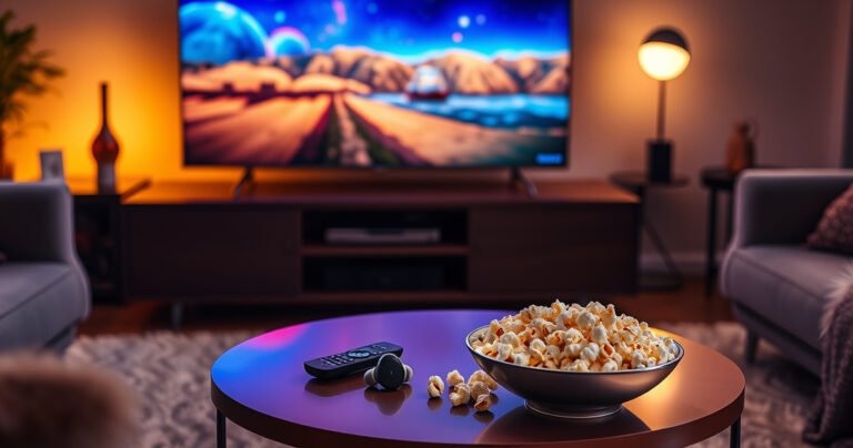 A cozy living room scene featuring a sleek Samsung TV displaying vibrant colors, surrounded by soft, plush furniture. On a stylish coffee table, a pair of modern Samsung Buds rests next to a remote control, with warm ambient lighting casting a welcoming glow. A bowl of popcorn adds an inviting touch, hinting at movie night excitement.