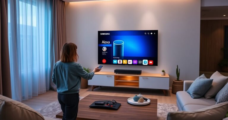 A sleek modern living room featuring a large Samsung TV displaying the Alexa interface, with a stylish remote on the coffee table and soft ambient lighting. A person is interacting with a smart speaker, surrounded by cozy decor, showcasing a seamless smart home setup that blends technology with comfort and convenience.