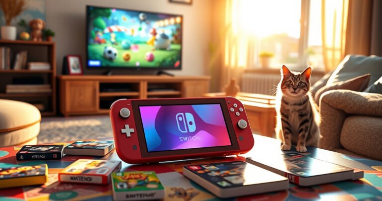 A Nintendo Switch Lite sits on a vibrant living room table, surrounded by colorful game cartridges, with a cozy couch and a large TV displaying a lively gaming scene. Warm sunlight streams through a window, casting playful shadows, while a curious cat watches intently, creating an inviting atmosphere for gamers to explore.