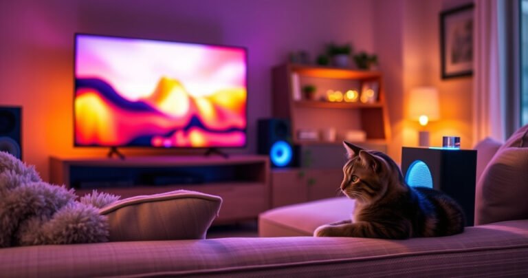 A modern living room with a sleek Vizio TV displaying vibrant colors, a cozy couch with fluffy cushions, and a stylish Bluetooth speaker emitting soft blue light. Warm ambient lighting casts a relaxing glow, while a curious cat lounges nearby, gazing at the TV, creating a welcoming atmosphere of technology and comfort.