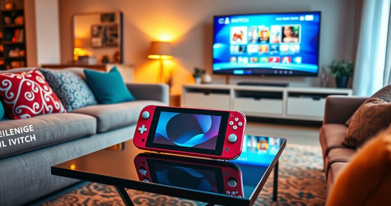 A vibrant living room scene featuring a Nintendo Switch Lite on a stylish coffee table, surrounded by a cozy couch and colorful throw pillows. A large flat-screen TV in the background displays the Switch Lite interface. Warm lighting illuminates the space, creating an inviting atmosphere for gaming and relaxation.