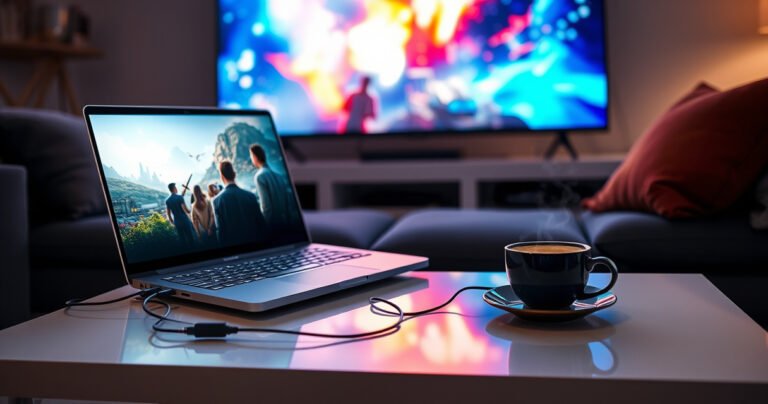 A sleek laptop with a glowing screen sits on a modern coffee table, wires elegantly connecting it to a large, vibrant television displaying a colorful movie scene. Surrounding the setup are cozy cushions and a steaming cup of coffee, creating a warm and inviting atmosphere for tech-savvy viewers eager to enhance their home entertainment experience.