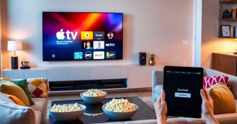 A sleek, modern living room with a large flat-screen TV displaying a vibrant Apple TV interface, a cozy couch adorned with colorful throw pillows, popcorn bowls on a stylish coffee table, warm ambient lighting, and a digital tablet showing a "Download" button, inviting viewers to explore the world of digital entertainment.
