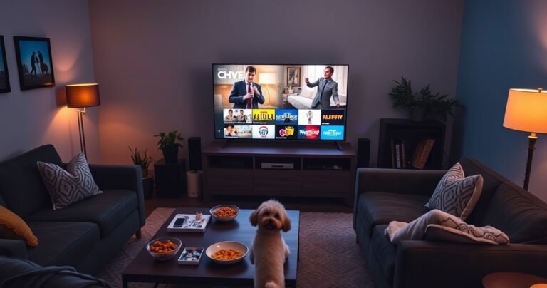 A cozy living room with a large smart TV displaying vibrant Chive TV content, surrounded by comfortable furniture, snacks on a coffee table, and dim ambient lighting. A person lounges on a sofa, remote in hand, with a playful dog at their feet, showcasing a relaxed atmosphere perfect for home entertainment.