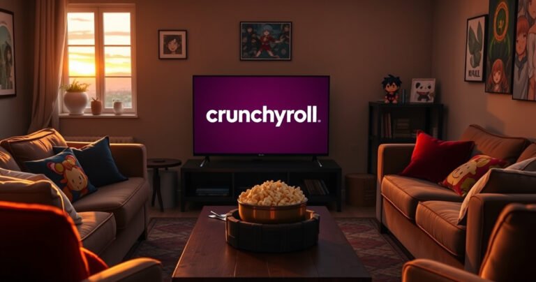A cozy living room with a sleek LG Smart TV displaying the Crunchyroll logo, surrounded by plush sofas and colorful anime merchandise. Soft lighting casts a warm glow, while a bowl of popcorn sits on a rustic coffee table. A window shows a sunset outside, hinting at a perfect anime binge-watching evening.