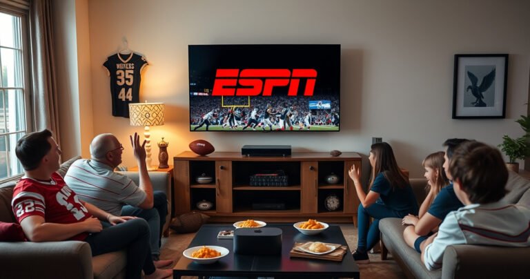 A cozy living room scene featuring a sleek Apple TV displaying the ESPN logo on a large screen, surrounded by sports memorabilia like jerseys and a football. Soft lighting creates an inviting atmosphere, while a family excitedly watches a game together, snacks spread on a coffee table, capturing the essence of sports enthusiasm at home.