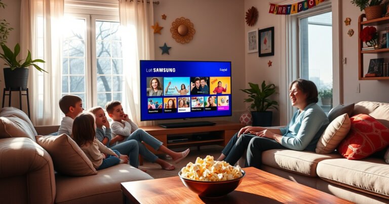 A cozy living room featuring a sleek Samsung TV displaying vibrant local channels, with a family gathered on a plush couch, excitement in their eyes. Sunlight streams through a window, illuminating a bowl of popcorn on a coffee table, while colorful decorations adorn the walls, capturing the essence of home entertainment and community connection.