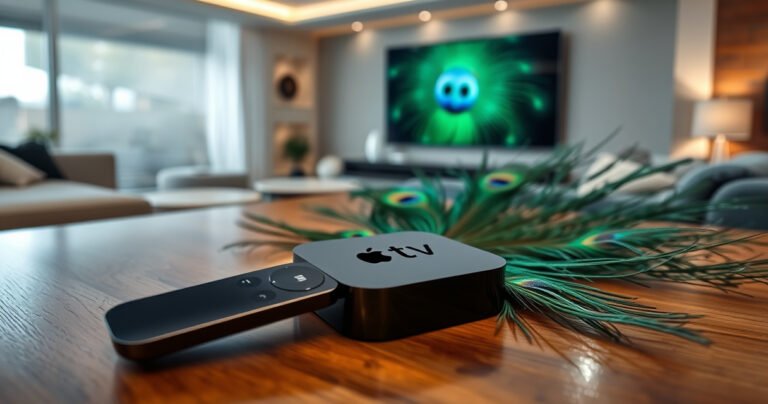 A sleek Apple TV remote rests on a polished wooden table, surrounded by a vibrant display of peacock feathers in shades of emerald and sapphire. In the background, a modern living room glows softly, with a large screen showing the Peacock logo, creating a seamless blend of technology and nature's beauty.