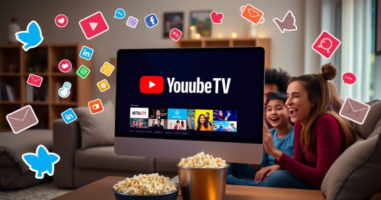 A vibrant computer screen displaying YouTube TV, surrounded by colorful social media icons and playful reels of video content. In the background, a cozy living room with a plush couch and popcorn bowl, while a family excitedly watches together, their faces illuminated by the glow of the screen, embodying the joy of streaming entertainment.