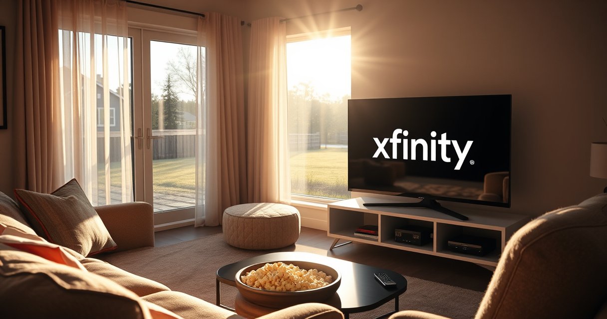 A cozy living room with a large, modern TV displaying the Xfinity logo, surrounded by plush furniture and a bowl of popcorn. Sunlight filters through sheer curtains, casting warm glows on the walls. A wireless remote rests on a coffee table, symbolizing connectivity, while a nearby window reveals a tranquil suburban landscape.