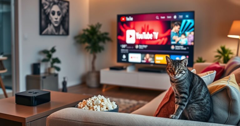 A cozy living room scene featuring a sleek Apple TV on a modern media console, vibrant YouTube TV interface displayed on a large screen, warm ambient lighting, a plush sofa adorned with colorful cushions, popcorn in a bowl, and a curious cat perched on the armrest, all set against a backdrop of stylish decor.