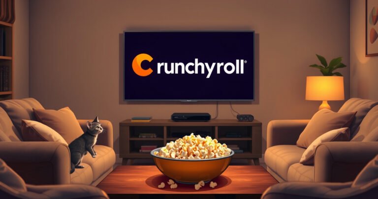 A cozy living room featuring a sleek Samsung TV displaying the Crunchyroll logo, surrounded by plush couches and soft cushions. Warm lighting highlights a bowl of popcorn on a coffee table, while a curious cat watches intently. The scene conveys a sense of excitement and relaxation, inviting viewers to enjoy anime comfortably at home.
