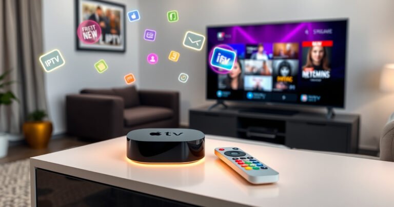 A sleek Apple TV sits on a modern entertainment center, glowing softly. Surrounding it are vibrant IPTV icons floating in the air, with a colorful remote control beside it. A cozy living room setting, featuring a plush couch and a large screen displaying streaming content, invites viewers into the world of digital entertainment.