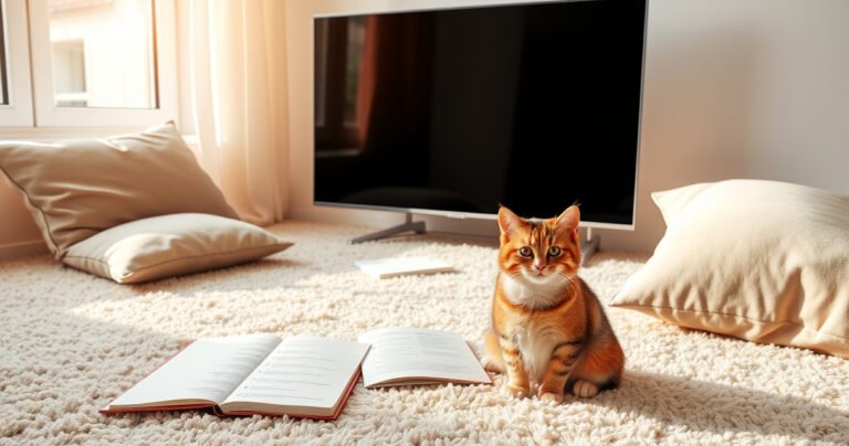 A sleek flat-screen TV lying safely on a plush carpet, surrounded by soft pillows and gentle light streaming through a nearby window. Beside it, an open notebook with safety tips and a friendly cat curiously peeking over. The room is cozy, featuring warm colors and a minimalist design, symbolizing comfort and careful planning.
