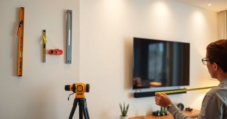 A close-up of a wall with a sleek, modern TV mounted on smooth white drywall, surrounded by tools like a stud finder and level, while a person examines the wall with a measuring tape. Soft ambient lighting creates a cozy atmosphere, emphasizing the blend of technology and home decor in a stylish living room setting.
