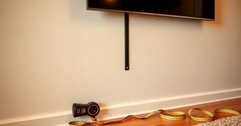 A close-up of a sturdy wall bracket affixed to a textured drywall, with a sleek flat-screen TV hovering above. Nearby tools like a stud finder and level are artfully arranged, while a measuring tape unravels across the floor. Warm lighting creates a cozy atmosphere, hinting at a stylish living room ready for a movie night.