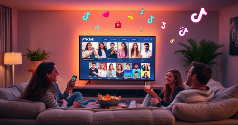 A cozy living room scene with a large smart TV displaying a vibrant TikTok feed, surrounded by friends laughing and sharing snacks on a plush couch. Soft ambient lighting casts a warm glow, while colorful TikTok icons float in the background, symbolizing streaming and connection, creating an inviting atmosphere for social media fun.