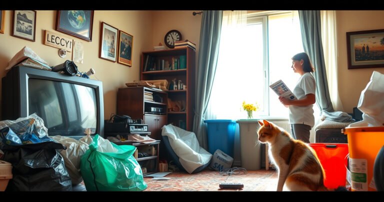 A cluttered living room with an old, broken television surrounded by trash bags and recycling bins, sunlight streaming through a window highlighting dust particles. A concerned person stands contemplating, holding a recycling guide, while a cat curiously inspects the discarded remote control. The scene evokes a dilemma between convenience and environmental responsibility.