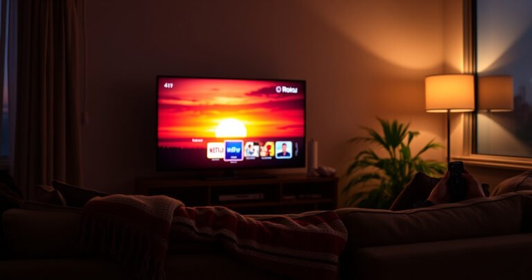 A cozy living room scene at dusk, featuring a Roku TV displaying a vibrant sunset scene. Soft, warm lighting casts gentle shadows, highlighting a comfortable sofa with a throw blanket. Nearby, a small table holds a remote control and a bowl of popcorn, inviting viewers to relax while adjusting their screen brightness.