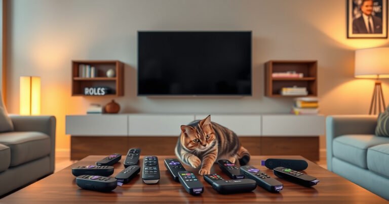 A sleek, modern living room featuring a stylish Roku TV mounted on the wall, surrounded by cozy furniture. A variety of Roku remotes scattered artfully on a coffee table, each showcasing unique designs and colors. Warm ambient lighting creates a welcoming atmosphere, while a curious cat playfully paws at one of the remotes.