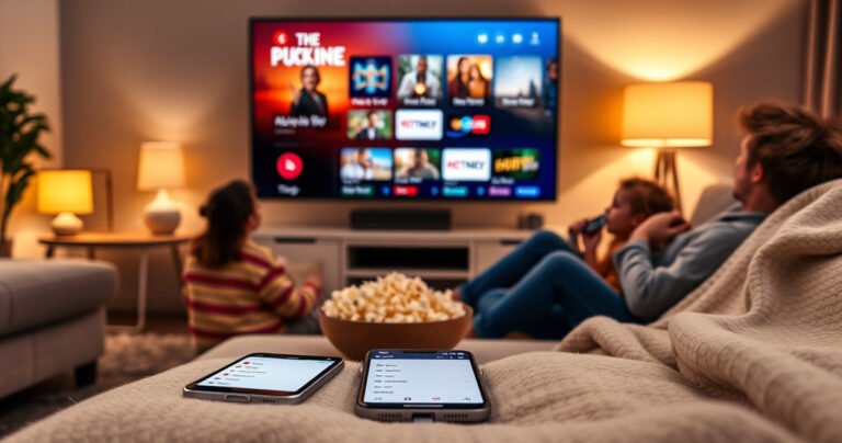 A cozy living room scene with a sleek modern TV displaying a vibrant streaming interface, surrounded by a warm glow from table lamps. A smartphone rests on a coffee table, with visible hotspot settings open. A family relaxes on a sofa, popcorn in hand, as a soft blanket drapes over their legs, embodying comfort and connectivity.