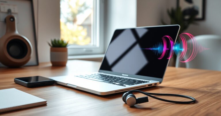 A sleek MacBook on a modern wooden desk, surrounded by minimalist decor. A pair of stylish Type-C earphones lies next to the laptop, with vibrant soundwaves visually emanating from them. Soft natural light filters through a nearby window, illuminating the workspace and highlighting the technology, creating an inviting atmosphere that sparks curiosity about connectivity.