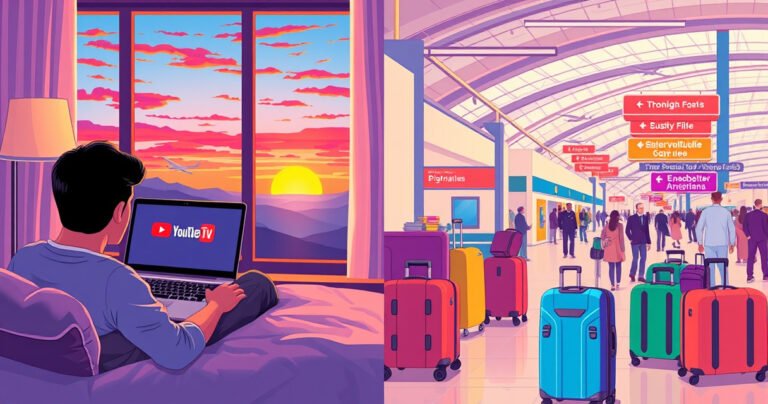 A vibrant, split-screen illustration showing a person relaxing in a cozy hotel room, streaming YouTube TV on a laptop, while a stunning sunset paints the sky outside the window. On the other side, a busy airport terminal bustling with travelers, featuring colorful luggage and signs pointing to different destinations, capturing the essence of travel and connectivity.