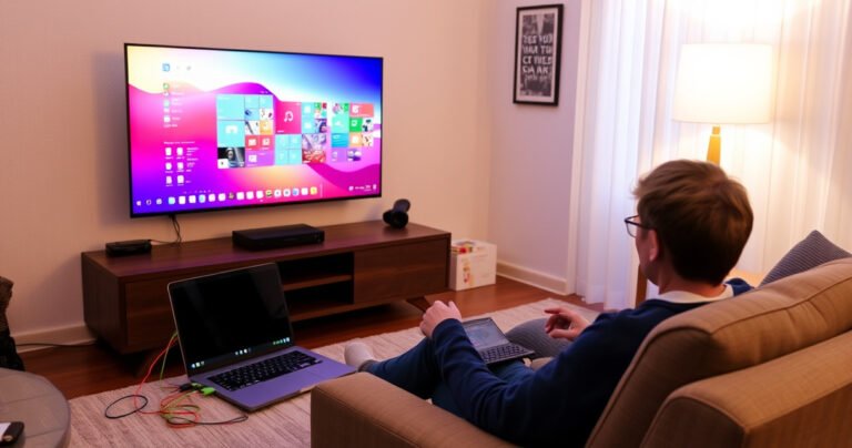 A modern living room with a sleek TV displaying a vibrant desktop interface, surrounded by cozy furniture. A laptop is connected to the TV with colorful cables, while a person sits comfortably in an armchair, typing on a wireless keyboard. Warm lighting creates a welcoming atmosphere, showcasing a blend of entertainment and productivity.