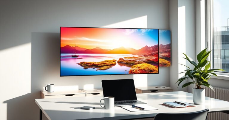 A sleek modern workspace featuring a large, vibrant TV seamlessly connected as a monitor, displaying a colorful digital landscape. Sunlight streams through a nearby window, illuminating a stylish desk with a laptop, coffee mug, and notepad. A plant adds a touch of greenery, creating a harmonious blend of technology and comfort.