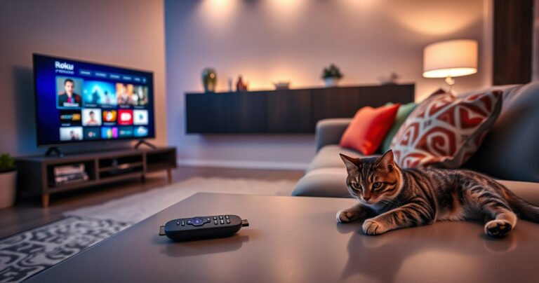 A sleek living room with a cozy sofa, a glowing Roku TV displaying vibrant streaming content, and a universal remote resting on a stylish coffee table. Soft ambient lighting casts a warm glow, while colorful cushions add pops of color. A curious cat lounges nearby, eyeing the remote, creating a homely, inviting atmosphere.