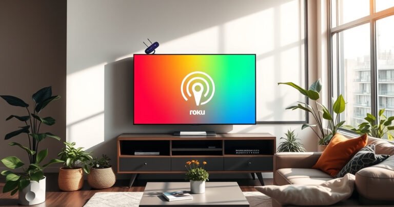 A sleek modern living room featuring a vibrant Roku TV displaying an antenna signal icon, with a stylish antenna perched on a shelf. Sunlight streams through large windows, illuminating the cozy space adorned with plants and a comfy couch, creating an inviting atmosphere that invites exploration of streaming possibilities.