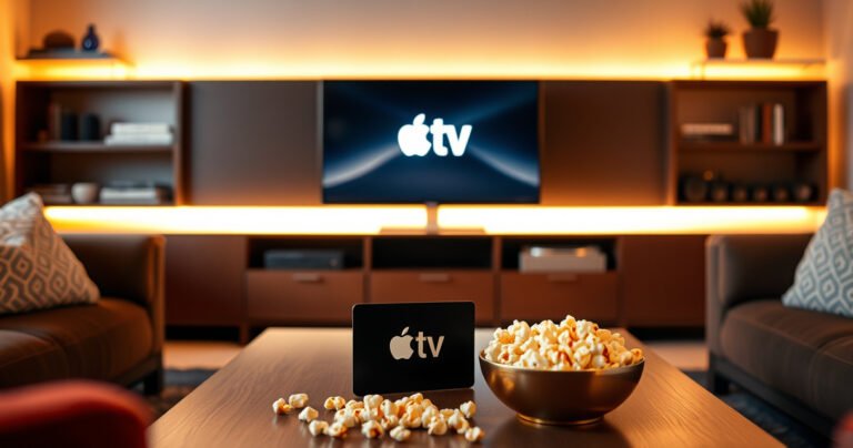 A cozy living room scene featuring a sleek Apple TV on a modern entertainment center, surrounded by plush cushions and a warm, inviting ambiance. An Apple gift card rests on a coffee table, illuminated by soft, ambient light, with a bowl of popcorn nearby, hinting at a movie night in progress.