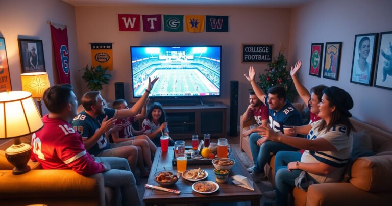 A cozy living room filled with enthusiastic fans, wearing college jerseys, gathered around a large screen displaying a vibrant college football game. Snacks and drinks scattered on a coffee table, with excitement in the air as they cheer, colorful team banners adorning the walls, and a warm glow from a nearby lamp illuminating the scene.