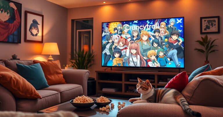 A cozy living room scene featuring a large flat-screen TV displaying vibrant anime characters from Crunchyroll. Plush sofas adorned with colorful throw pillows, warm ambient lighting, and snacks like popcorn and mochi scattered on a coffee table. A playful cat lounges nearby, gazing at the screen, capturing the essence of a perfect anime-watching experience.