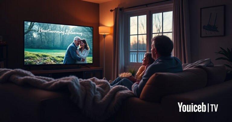 A cozy living room scene with a family gathered around a large TV, watching a heartwarming Lifetime movie. Warm lighting highlights their expressions of joy and intrigue. Soft blankets and popcorn adorn the couch, while a window reveals a serene evening outside. A subtle hint of a YouTube TV logo is integrated into the scene.