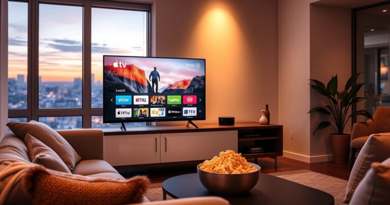 A cozy living room scene with a sleek Apple TV on a modern entertainment unit, showcasing a vibrant screen displaying colorful local channels. Soft ambient lighting, a plush sofa with scattered pillows, and a bowl of popcorn on a coffee table create an inviting atmosphere, perfect for casual viewing. A window reveals a city skyline at dusk.