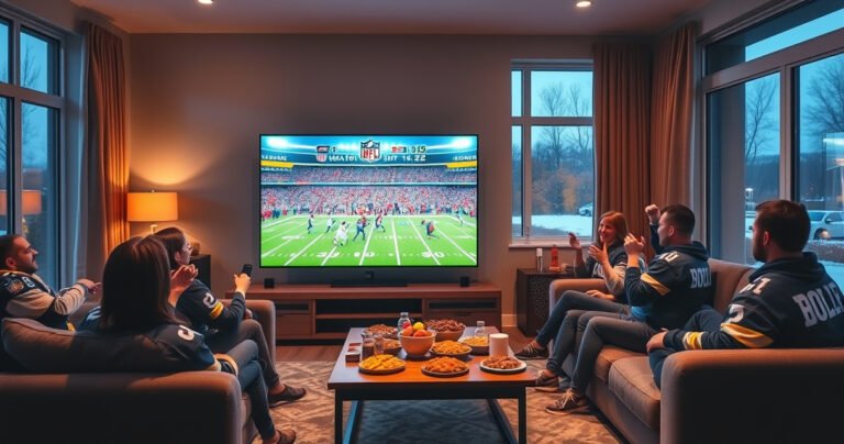 A cozy living room with a large flat-screen TV displaying a vibrant NFL game, plush sofas adorned with team jerseys, snacks scattered on a coffee table, ambient lighting creating a warm atmosphere, viewers excitedly cheering, and a window revealing a brisk autumn evening outside, encapsulating the essence of game day excitement.