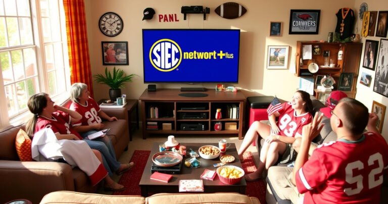 A colorful living room scene with a cozy couch, a large flat-screen TV displaying the SEC Network Plus logo, and excited fans wearing team jerseys, snacks scattered on a table, and a lively atmosphere full of sports memorabilia. Sunlight streams through the window, creating a warm, inviting vibe perfect for game day.