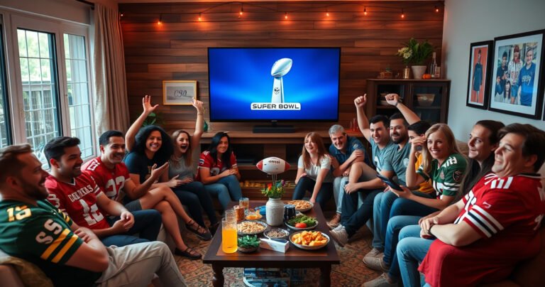 A cozy living room scene filled with excited friends gathered around a large TV, snacks and drinks on a coffee table, colorful team jerseys displayed, a vibrant football-themed decor, and the Super Bowl logo glowing on the screen, capturing the thrill of game day with expressions of joy and anticipation.